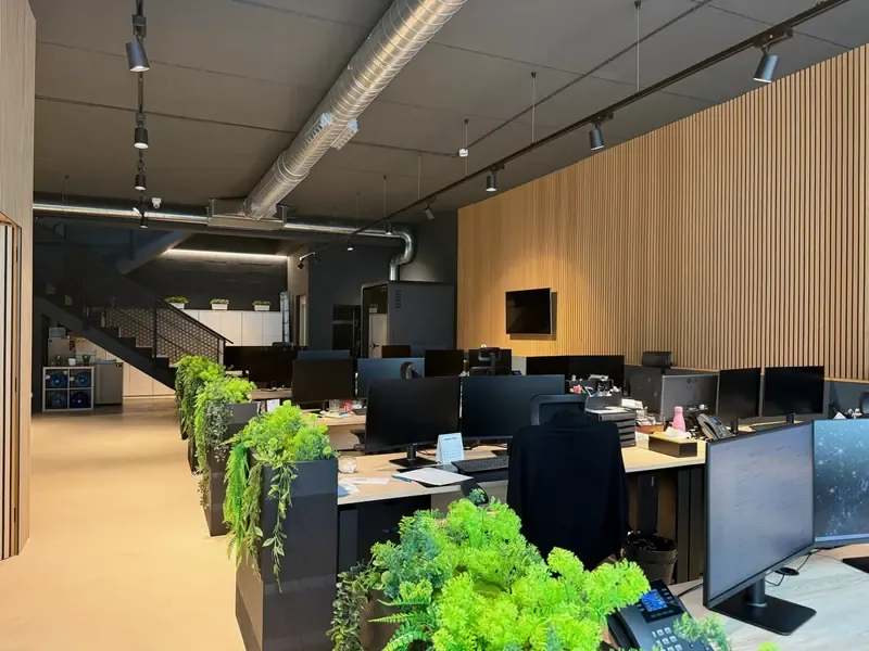 Zona de trabajo de la oficina de Badalona: puestos con monitores, plantas y techo industrial